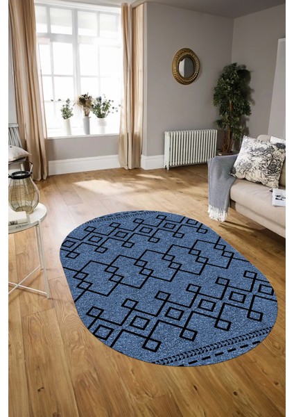 Dijital Kaymaz Yıkanabilir Modern Desen Oval Yolluk Mutfak Salon Halısı, N-O-Modern-87-Mavi, modelleri