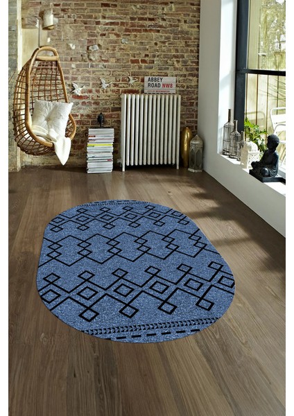Dijital Kaymaz Yıkanabilir Modern Desen Oval Yolluk Mutfak Salon Halısı, N-O-Modern-87-Mavi, fırsatları