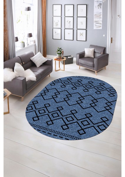 Dijital Kaymaz Yıkanabilir Modern Desen Oval Yolluk Mutfak Salon Halısı, N-O-Modern-87-Mavi, indirimleri