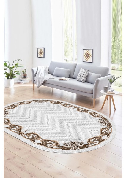 Dijital Kaymaz Yıkanabilir Modern Desen Oval Yolluk Mutfak Salon Halısı, N-O-Modern-49-Kahve,