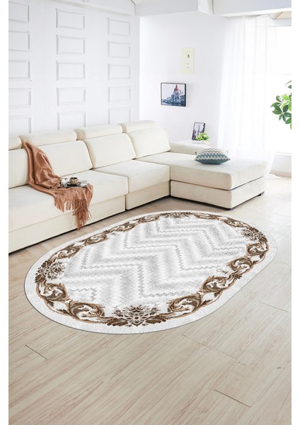 Dijital Kaymaz Yıkanabilir Modern Desen Oval Yolluk Mutfak Salon Halısı, N-O-Modern-49-Kahve,