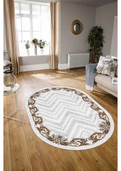 Dijital Kaymaz Yıkanabilir Modern Desen Oval Yolluk Mutfak Salon Halısı, N-O-Modern-49-Kahve,