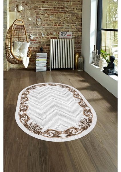 Dijital Kaymaz Yıkanabilir Modern Desen Oval Yolluk Mutfak Salon Halısı, N-O-Modern-49-Kahve,
