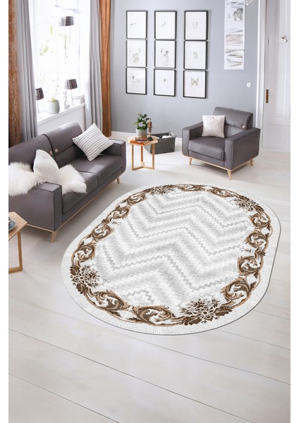 Dijital Kaymaz Yıkanabilir Modern Desen Oval Yolluk Mutfak Salon Halısı, N-O-Modern-49-Kahve,