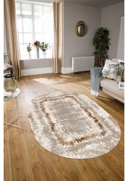 Dijital Kaymaz Yıkanabilir Modern Desen Oval Yolluk Mutfak Salon Halısı, N-O-Modern-37-Kahve, modelleri