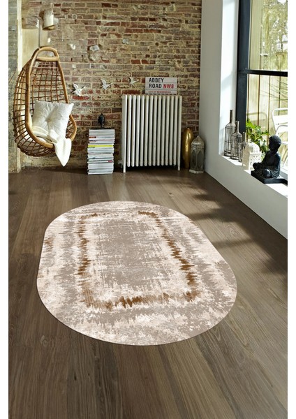 Dijital Kaymaz Yıkanabilir Modern Desen Oval Yolluk Mutfak Salon Halısı, N-O-Modern-37-Kahve, fırsatları