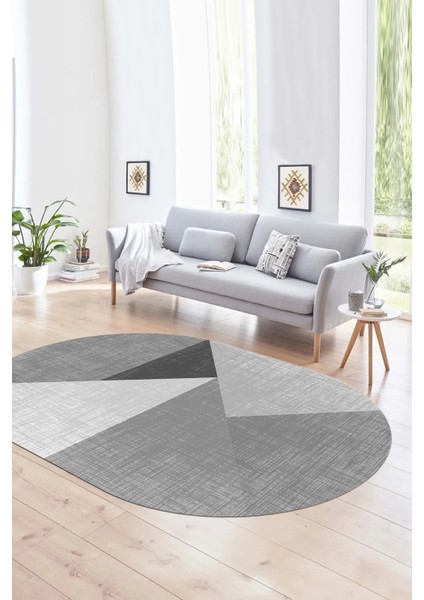 Dijital Kaymaz Yıkanabilir Modern Desen Oval Yolluk Mutfak Salon Halısı, N-O-Modern-38-Gri,