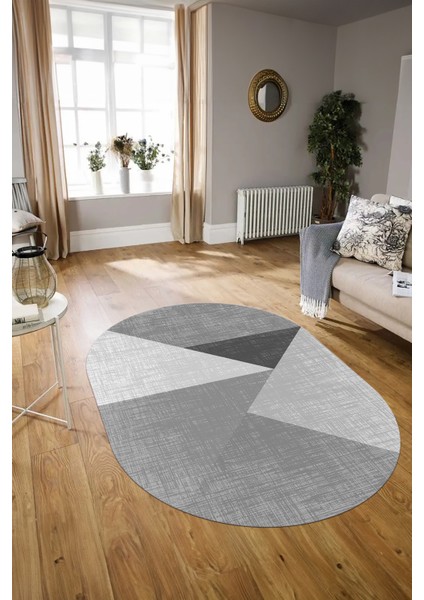 Dijital Kaymaz Yıkanabilir Modern Desen Oval Yolluk Mutfak Salon Halısı, N-O-Modern-38-Gri,