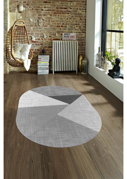 Dijital Kaymaz Yıkanabilir Modern Desen Oval Yolluk Mutfak Salon Halısı, N-O-Modern-38-Gri,