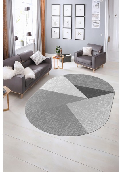 Dijital Kaymaz Yıkanabilir Modern Desen Oval Yolluk Mutfak Salon Halısı, N-O-Modern-38-Gri,