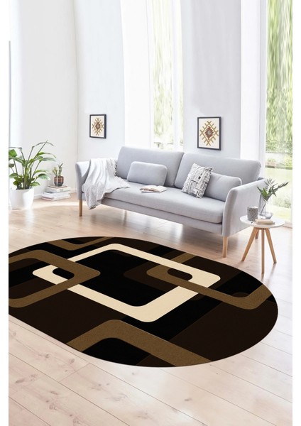 Dijital Kaymaz Yıkanabilir Modern Desen Oval Yolluk Mutfak Salon Halısı, N-O-Modern-40-Kahve,