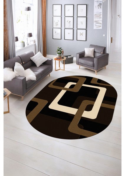 Dijital Kaymaz Yıkanabilir Modern Desen Oval Yolluk Mutfak Salon Halısı, N-O-Modern-40-Kahve, indirimleri