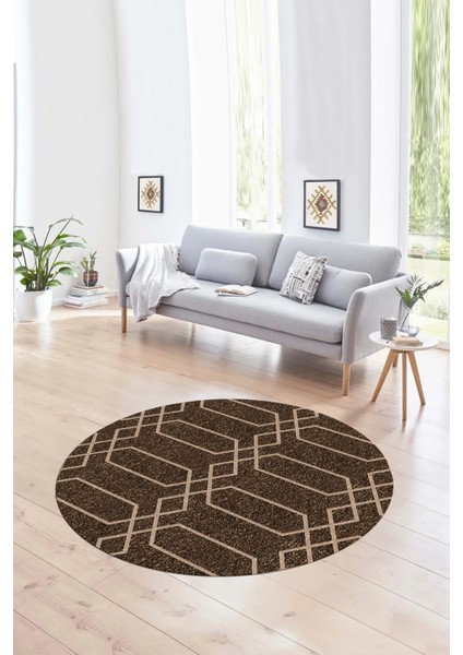 Dijital Kaymaz Taban Yıkanabilir Modern Desen Yuvarlak Mutfak Salon Halısı, N-Y-Modern-88-Kahve,