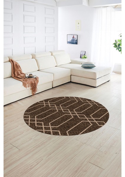 Dijital Kaymaz Taban Yıkanabilir Modern Desen Yuvarlak Mutfak Salon Halısı, N-Y-Modern-88-Kahve,
