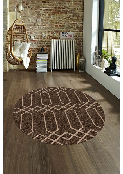Dijital Kaymaz Taban Yıkanabilir Modern Desen Yuvarlak Mutfak Salon Halısı, N-Y-Modern-88-Kahve,