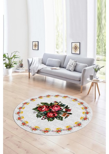 Dijital Kaymaz Taban Yıkanabilir Modern Desen Yuvarlak Mutfak Salon Halısı, N-Y-Modern-20-Beyaz,