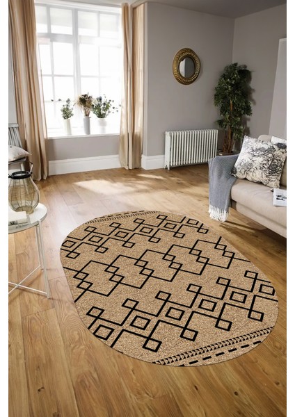 Dijital Kaymaz Yıkanabilir Modern Desen Oval Yolluk Mutfak Salon Halısı, N-O-Modern-87-Krem, modelleri