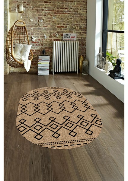 Dijital Kaymaz Yıkanabilir Modern Desen Oval Yolluk Mutfak Salon Halısı, N-O-Modern-87-Krem, fırsatları