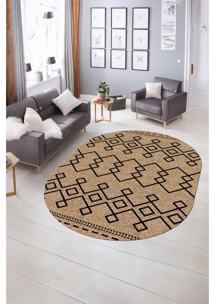 Dijital Kaymaz Yıkanabilir Modern Desen Oval Yolluk Mutfak Salon Halısı, N-O-Modern-87-Krem, indirimleri