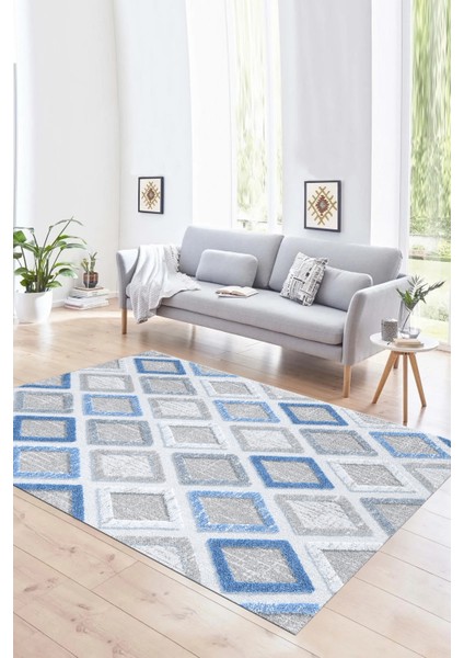Dijital Baskılı Kaymaz Yıkanabilir Modern Desen Yolluk Mutfak Salon Halısı, N-Modern-66-Mavi,