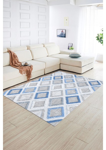 Dijital Baskılı Kaymaz Yıkanabilir Modern Desen Yolluk Mutfak Salon Halısı, N-Modern-66-Mavi,