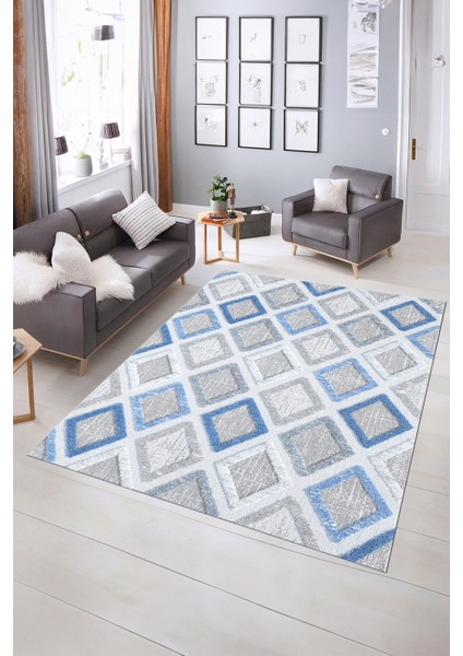 Dijital Baskılı Kaymaz Yıkanabilir Modern Desen Yolluk Mutfak Salon Halısı, N-Modern-66-Mavi,