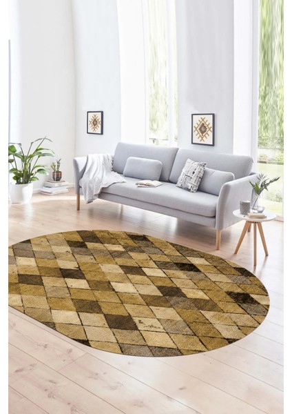 Dijital Kaymaz Yıkanabilir Modern Desen Oval Yolluk Mutfak Salon Halısı, N-O-Modern-31-Kahve,