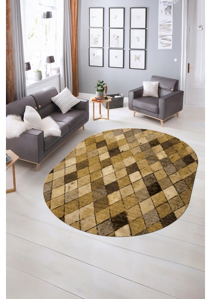 Dijital Kaymaz Yıkanabilir Modern Desen Oval Yolluk Mutfak Salon Halısı, N-O-Modern-31-Kahve, indirimleri