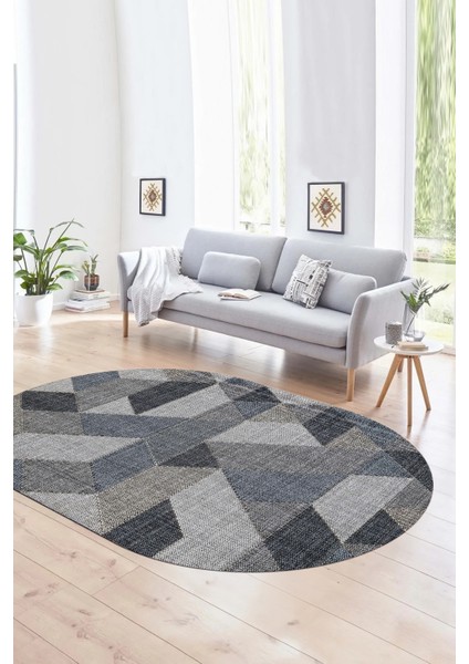 Dijital Kaymaz Yıkanabilir Modern Desen Oval Yolluk Mutfak Salon Halısı, N-O-Modern-96-Mavi,