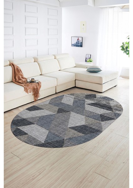 Dijital Kaymaz Yıkanabilir Modern Desen Oval Yolluk Mutfak Salon Halısı, N-O-Modern-96-Mavi,