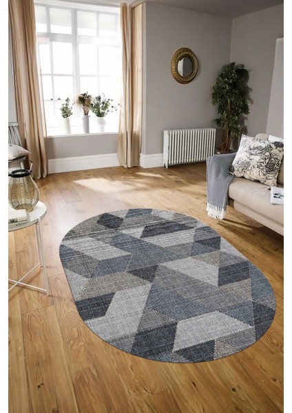 Dijital Kaymaz Yıkanabilir Modern Desen Oval Yolluk Mutfak Salon Halısı, N-O-Modern-96-Mavi,