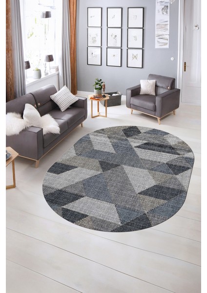 Dijital Kaymaz Yıkanabilir Modern Desen Oval Yolluk Mutfak Salon Halısı, N-O-Modern-96-Mavi,