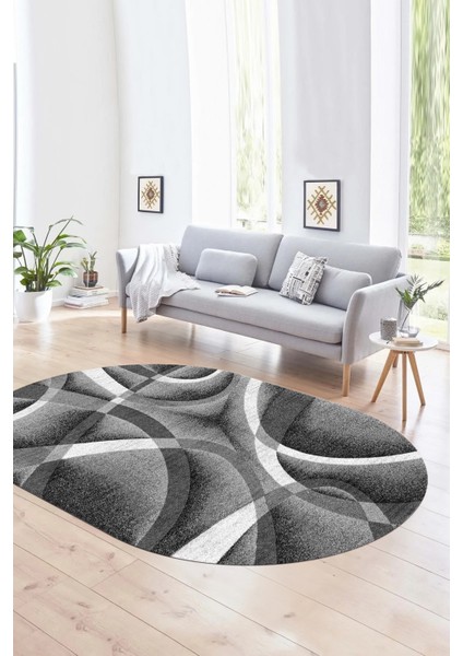 Dijital Kaymaz Yıkanabilir Modern Desen Oval Yolluk Mutfak Salon Halısı, N-O-Modern-97-Gri,