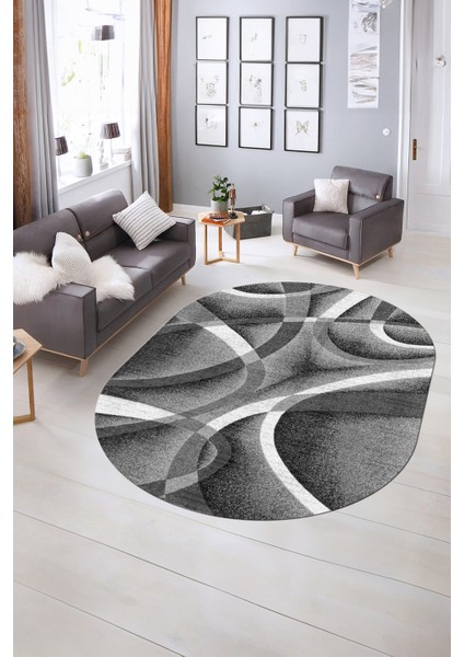 Dijital Kaymaz Yıkanabilir Modern Desen Oval Yolluk Mutfak Salon Halısı, N-O-Modern-97-Gri, indirimleri