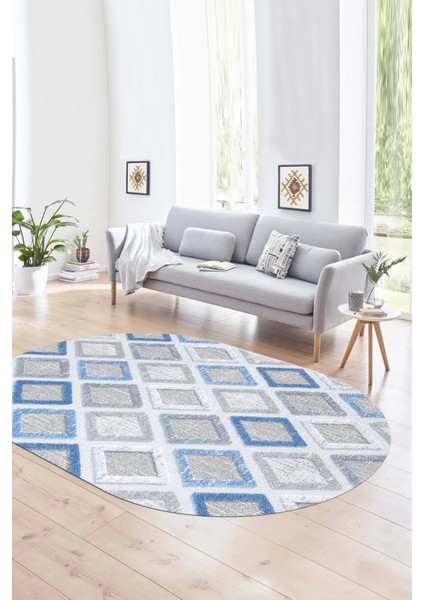 Dijital Kaymaz Yıkanabilir Modern Desen Oval Yolluk Mutfak Salon Halısı, N-O-Modern-66-Mavi,