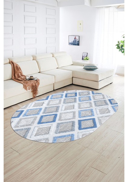 Dijital Kaymaz Yıkanabilir Modern Desen Oval Yolluk Mutfak Salon Halısı, N-O-Modern-66-Mavi, fiyatları