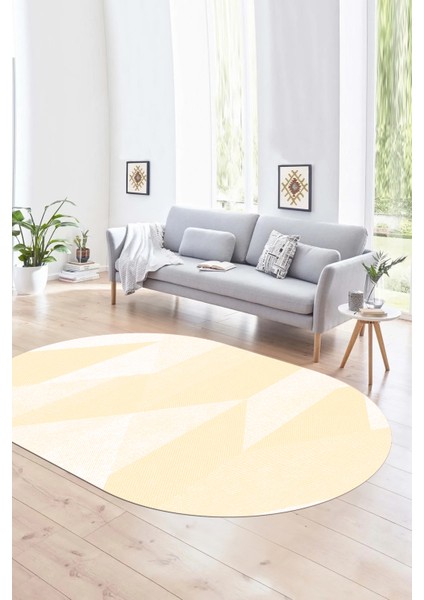 Dijital Kaymaz Yıkanabilir Modern Desen Oval Yolluk Mutfak Salon Halısı, N-O-Modern-54-Krem,