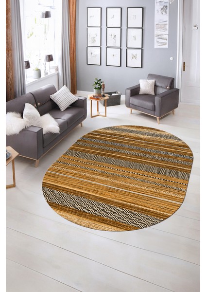 Dijital Kaymaz Yıkanabilir Modern Desen Oval Yolluk Mutfak Salon Halısı, N-O-Modern-17-Kahve, indirimleri