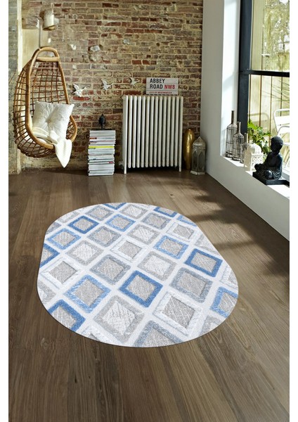 Dijital Kaymaz Yıkanabilir Modern Desen Oval Yolluk Mutfak Salon Halısı, N-O-Modern-66-Mavi, fırsatları