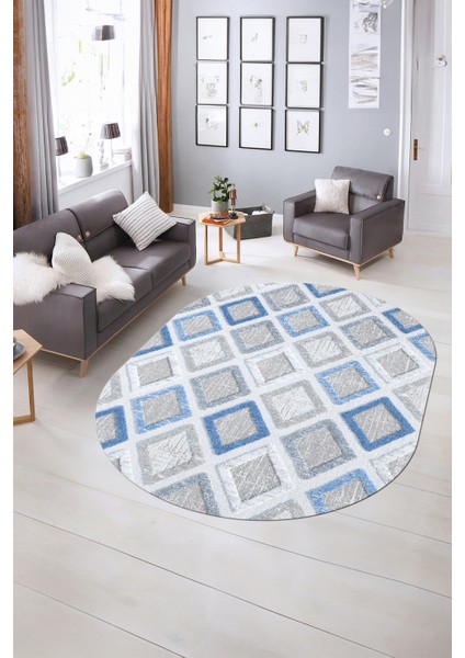 Dijital Kaymaz Yıkanabilir Modern Desen Oval Yolluk Mutfak Salon Halısı, N-O-Modern-66-Mavi, indirimleri