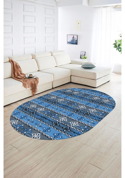 Dijital Kaymaz Yıkanabilir Modern Desen Oval Yolluk Mutfak Salon Halısı, N-O-Modern-19-Mavi, fiyatları