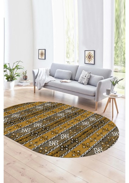 Dijital Kaymaz Yıkanabilir Modern Desen Oval Yolluk Mutfak Salon Halısı, N-O-Modern-19-Kahve,