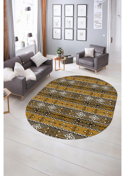 Dijital Kaymaz Yıkanabilir Modern Desen Oval Yolluk Mutfak Salon Halısı, N-O-Modern-19-Kahve, indirimleri