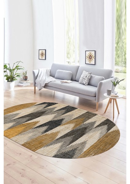 Dijital Kaymaz Yıkanabilir Modern Desen Oval Yolluk Mutfak Salon Halısı, N-O-MODERN-104-KAHVE,