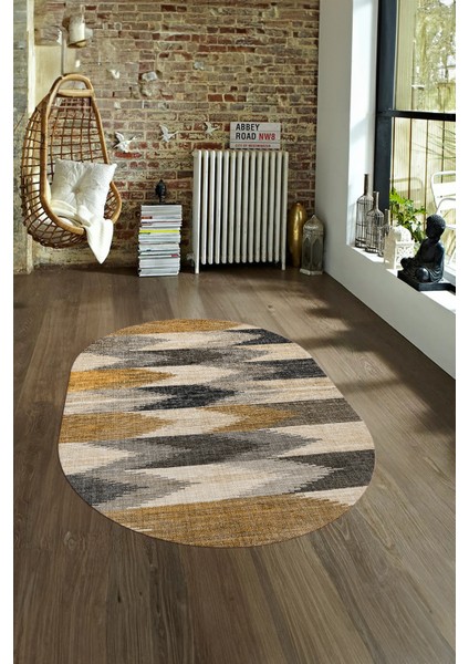 Dijital Kaymaz Yıkanabilir Modern Desen Oval Yolluk Mutfak Salon Halısı, N-O-MODERN-104-KAHVE, fırsatları