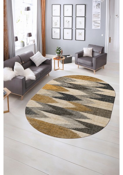 Dijital Kaymaz Yıkanabilir Modern Desen Oval Yolluk Mutfak Salon Halısı, N-O-MODERN-104-KAHVE, indirimleri