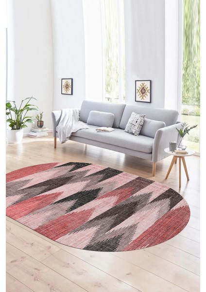 Dijital Kaymaz Yıkanabilir Modern Desen Oval Yolluk Mutfak Salon Halısı, N-O-MODERN-104-PEMBE,