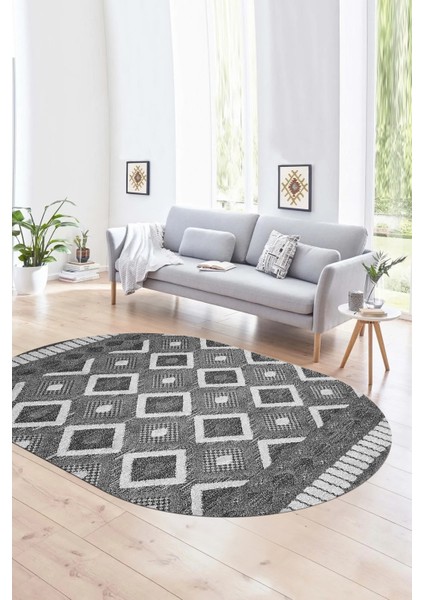 Dijital Kaymaz Yıkanabilir Modern Desen Oval Yolluk Mutfak Salon Halısı, N-O-Modern-69-Gri,