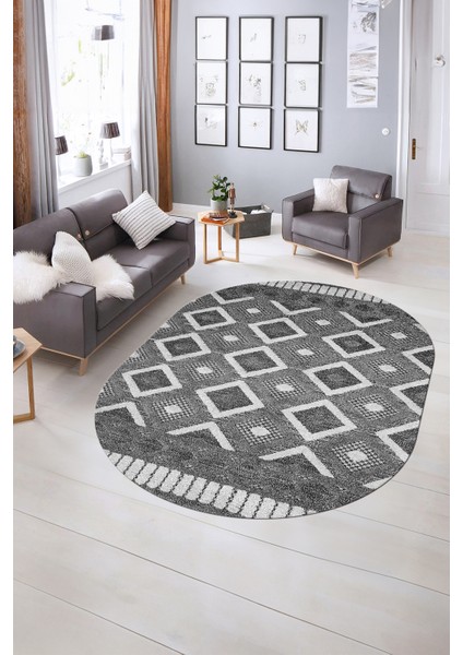 Dijital Kaymaz Yıkanabilir Modern Desen Oval Yolluk Mutfak Salon Halısı, N-O-Modern-69-Gri, indirimleri