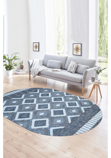 Dijital Kaymaz Yıkanabilir Modern Desen Oval Yolluk Mutfak Salon Halısı, N-O-Modern-69-Mavi,